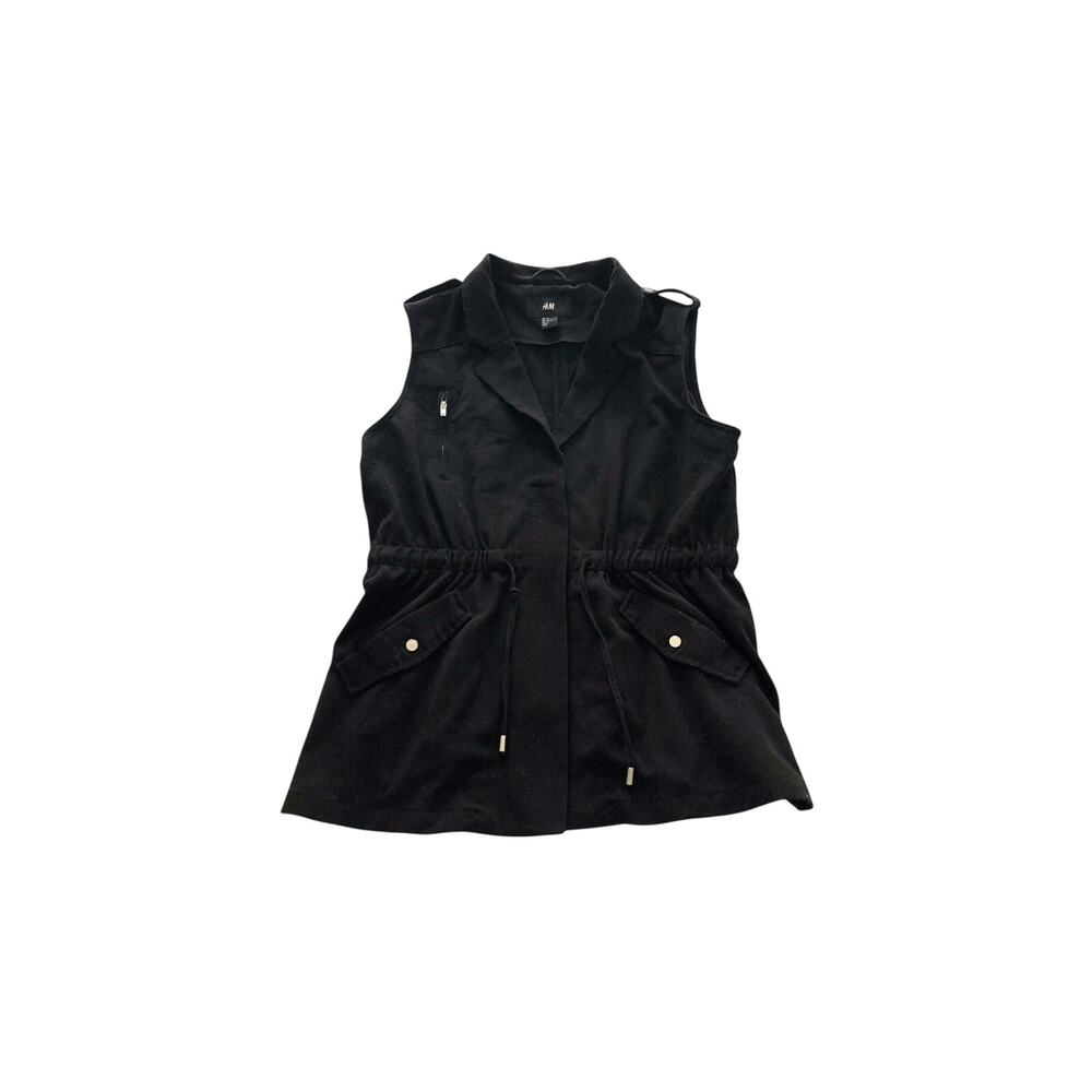 H&M Black Gillet Waistcoat Collar Vest with Drawstrings and Pockets Size 8